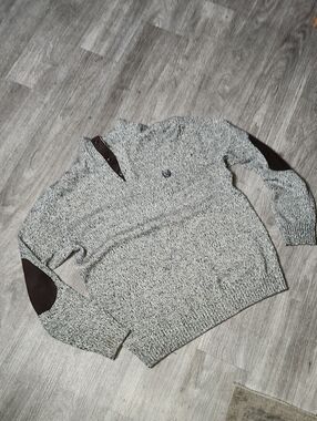Chaps Gray Marled Sweater with Brown Elbow Patches
